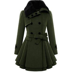 Women's Army Green Zeagoo Winter Trench Coat Faux Fur Lapel Double Breasted